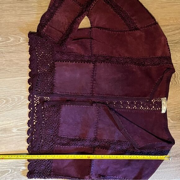 90s 70s Suede Crochet Patch Plum Boho Lagenlook Open Oversized Jacket M Xl Vtg - Picture 4 of 9